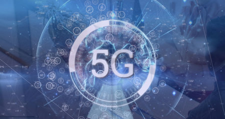 Tapping business shirt hands activating smartphone on office desk, with holographic 5G globe. Technology, connectivity, innovation, digital, communication, futuristic, enterpriseの写真素材