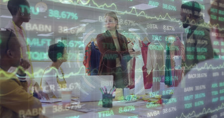 Image of financial data and graphs over diverse businesspeople in office. Business, finance,...