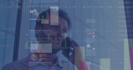 Image of data processing over caucasian businessman talking on smartphone. Global business, finances and digital interface concept digitally generated image.の写真素材