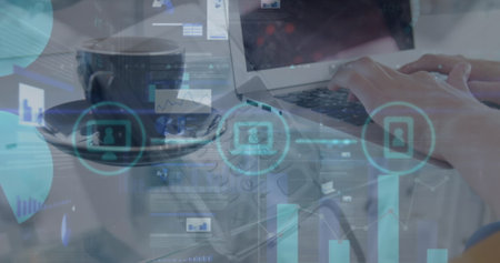 Image of data processing over hands using laptop. Global business and digital interface concept...