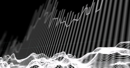 Image of moving white topographical lines over grey graph on black background. Communication...