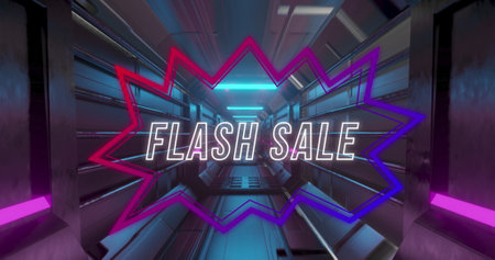 Digital image of flash sale text over neon squares against microprocessor connections. global communication network and digital interface concept digitally generated image.の写真素材