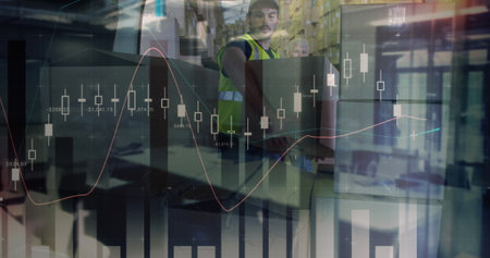 Image of graphs over caucasian male warehouse worker. Business, finance and delivery services concept digitally generated image.の写真素材