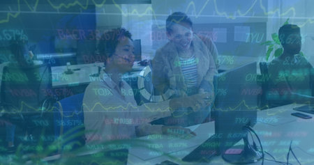 Image of financial graphs and data over diverse female coworkers in office. Business, finance,...