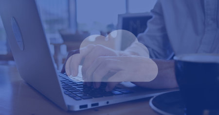 Image of clouds with shapes over hands using laptop. Global business and digital interface concept...