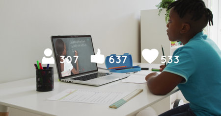 Profile, like and heart icons with increasing counters over african american boy studying online. digital composite, multiple exposure, image, social media, internet, e-learning, education.の写真素材