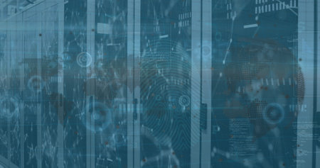 Image of globe, connections and data over servers. Network, connections, data processing and...