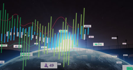 Image of financial data and graphs over globe and light. Global finance and economy concept...