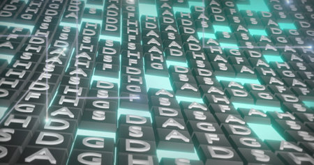 Image of glowing light trails over rows of green letters sequencing moving in background. Global data processing and computing concept digitally generated image.の写真素材