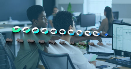 Image of financial data and graphs over diverse female coworkers working in office. Business,...