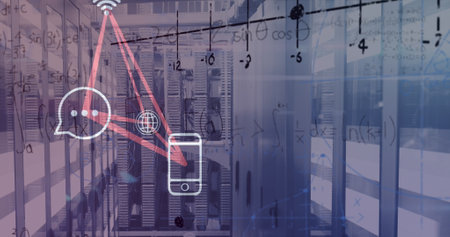 Image of math formulas and smartphone icons over servers. Global network, connections, communication...