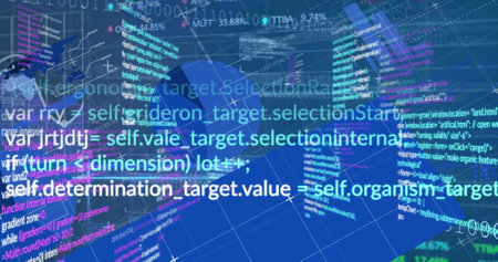Image of data processing over world map on black background. Digital interface technology concept.