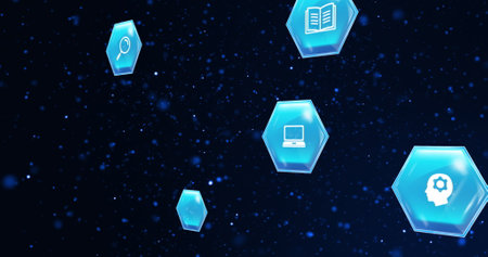 Image of education and learning icons on blue hexagons over stars on blue background. Global...