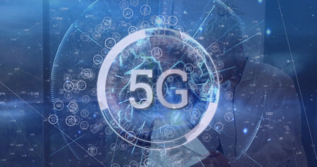 Image of network of connections and 5g text over diverse group of business people. Global connections, data processing and digital interface concept digitally generated image.の写真素材