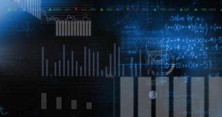 Image of digital multiple graphs, chart, data moving with mathematical formulas. Digitally...