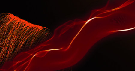 Image of red light trails and undulating 3d red smoke on black background. Communication technology, abstract digital interface background concept digitally generated image.の写真素材