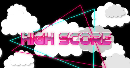 Image of high score over triangles and clouds on black background. Games, communication and movement concept digitally generated image.の写真素材