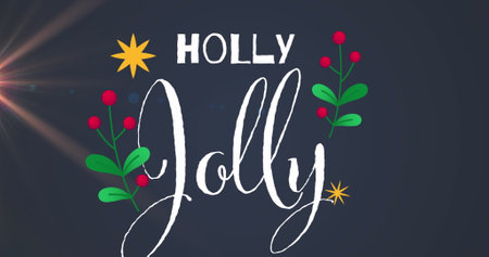 Image of holly jolly over navy background. Christmas, winter and tradition concept digitally generated image.の写真素材