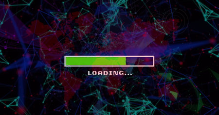Floating progress bar showing green fill pixel LOADING on screen with world map and network nodes. Digital, technology, futuristic, connectivity, innovation, cyber, cyberpunkの写真素材