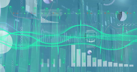 Image of various graphs and charts and illuminated wave patterns moving over abstract background. Hologram, digitally generated, multiple exposure, data, business report, futuristic, technology.の写真素材