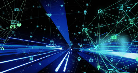 Image of connections and blue lines on black background. Network, connections, communication and...