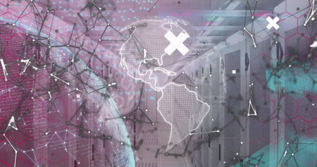 Image of globe, crosses and connections over servers. Global network, connections, communication and...