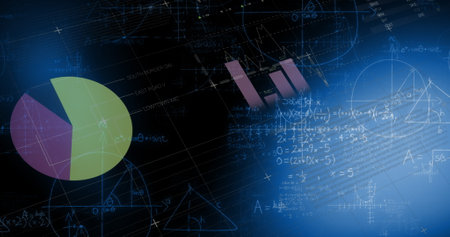 Image of graphs, data and world map on black digital screen. Global data processing, finance and...