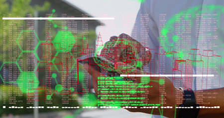 Image of scientific data over hands of caucasian man using smartphone. Data processing and...
