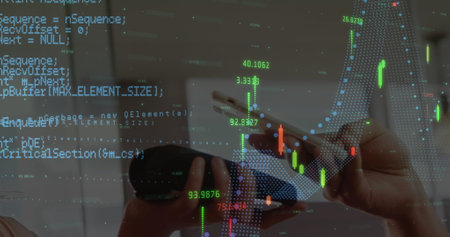 Image of data processing with graph over diverse people paying with smartphone. Global technology,...