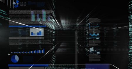 Image of graphs, data and lights on black digital screen. Global data processing, finance and...