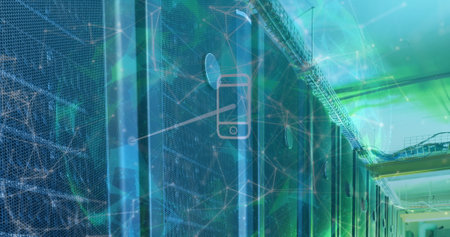 Image of globe, connections and smartphone icons over servers. Global network, connections,...