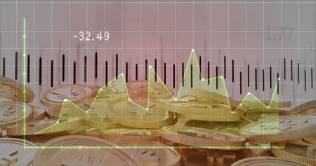 Image of graphs, numbers and coins. Network, finance, connections and technology concept digitally generated image.の写真素材
