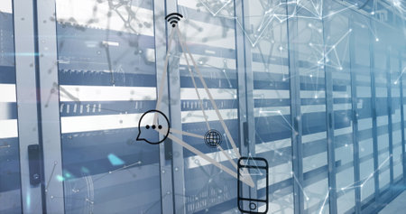 Image of connections and smartphone icons over servers. Global network, connections, communication and technology concept digitally generated image.の写真素材