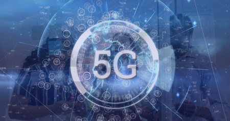 Image of network of connections and 5g text over diverse group of business people. Global...