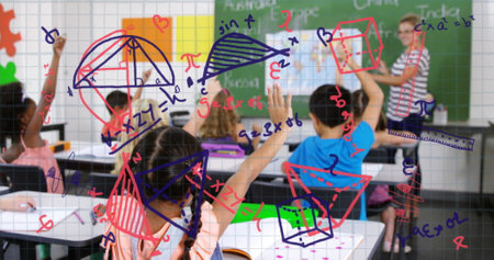 Image of school icons over diverse school children with diverse school. World cocktail day awareness...