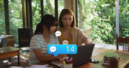 Image of social media icons with growing number over asian woman and her daughter using laptop....