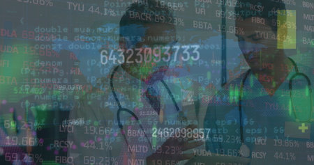 Image of moving trading board, programming codes over smiling caucasian male doctors discussing. Digital composite, multiple exposure, hospital, database, investment, finance, medical, healthcare.の写真素材