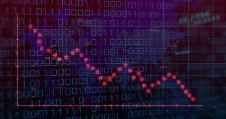 Image of graphs and binary code over violet background. Network, finance, connections and technology...