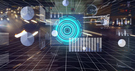 Image of data processing and scope scanning over cityscape. global technology, computing and digital...