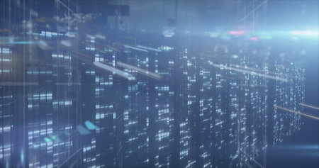 Image of moving columns over cityscape. Global technology, computing and digital interface concept...