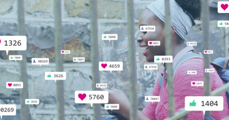 Image of social media icons with numbers over african american woman using smartphone. Social media...