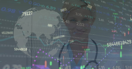Image of moving counters, line graphs and globe over portrait of smiling caucasian female doctor....