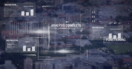 Image of graphical infographic interface screen with analysis, scanning and functioning text. Digitally generated, multiple exposure, futuristic, data, technology, artificial intelligence.の写真素材
