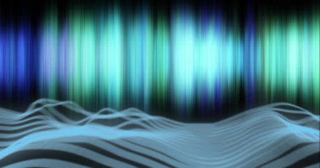 Image of glowing blue and green light trails and blue waves moving on back background. Abstract,...