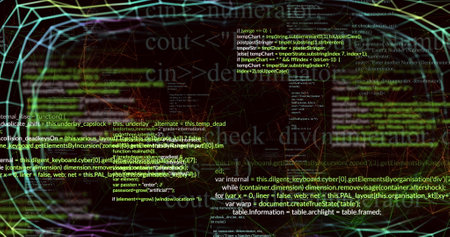 Image of data processing over grid on black background. Global technology connections and digital...