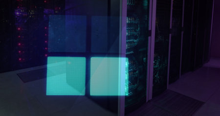 Image of glowing squares over server room. Global technology, computing and digital interface concept digitally generated image.の写真素材
