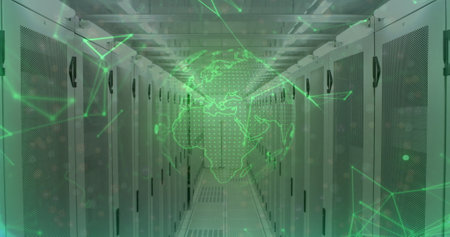 Image of data processing and globe over server room. Global business and digital interface concept...
