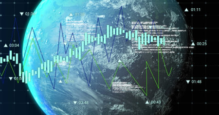 Image of data processing over globe on black background. Global technology, computing and digital...