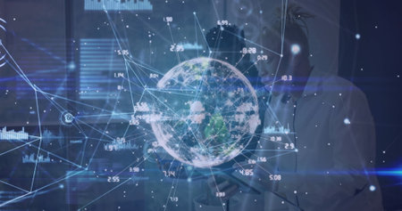 Image of network of connections and globe over two diverse business people. Global connections, data...