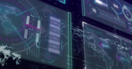 Image of graphical infographic interface with world map. Digitally generated, multiple exposure,...
